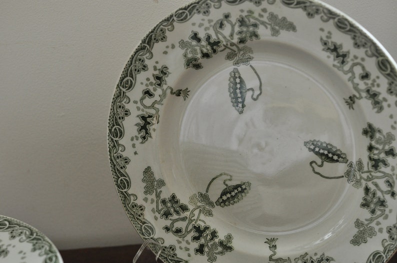 Antique French Ironstone Plates - 8 3/4” / 22 Cm Green Floral Motif ...