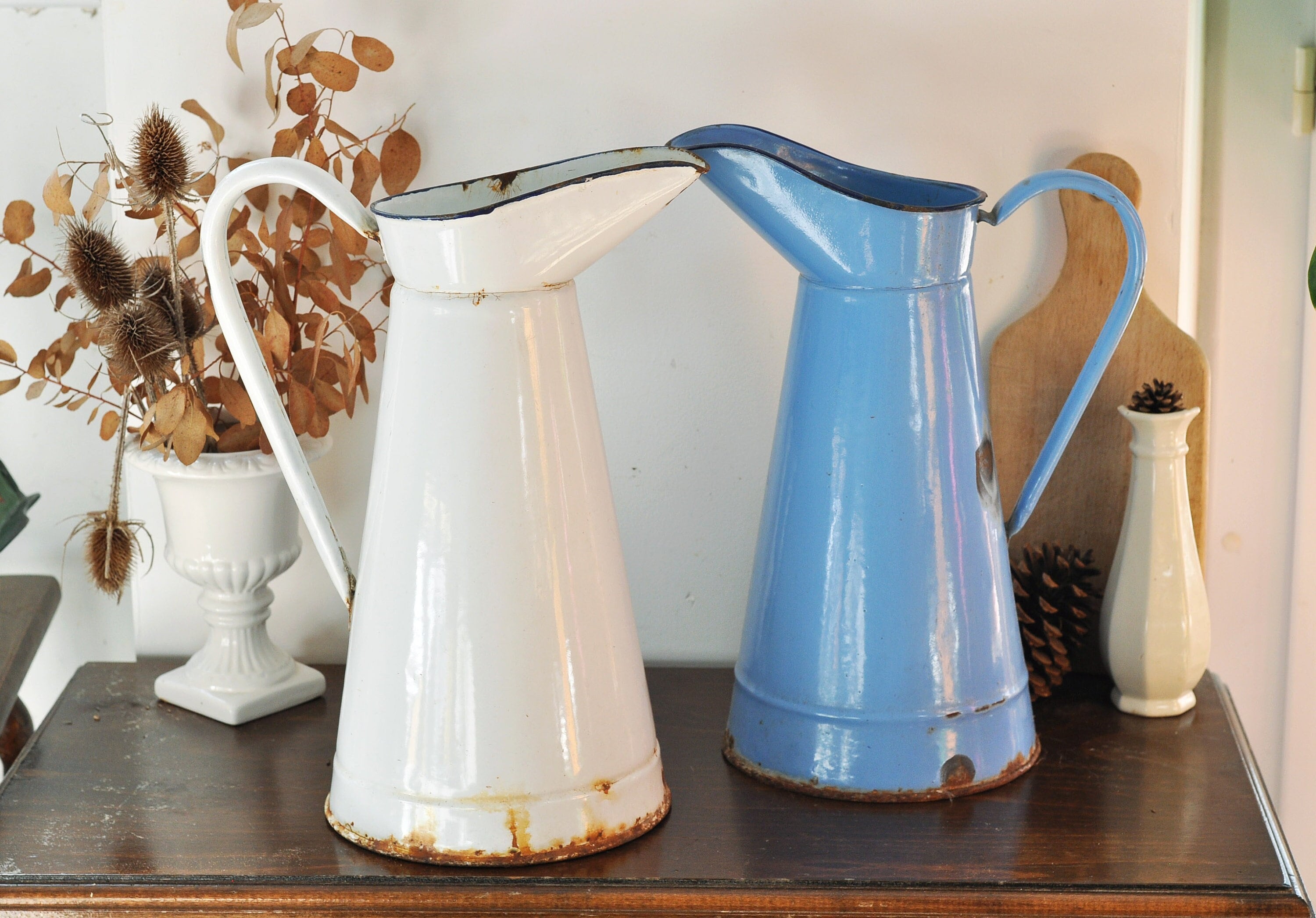 Vintage French White Enamel Pitcher Chippy Farmhouse Jug Vase