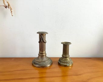 Pair of Mismatched Decorative Brass or Bronze Candlesticks