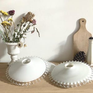 Vintage French Opaline White Milk Glass Lampshade with Frilly Edge