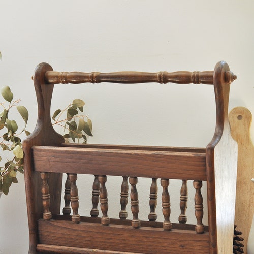 French Vintage Wooden Magazine Rack with Handle shops