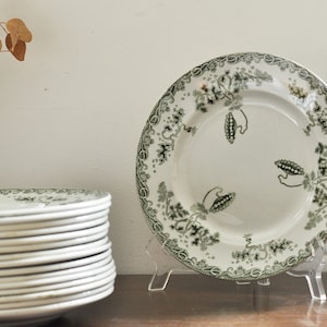1900s French Antique Ironstone Flat Plates, 8 3/4” / 22 cm Green Floral Motif Transferware, St Amand &quot;Modern-Style&quot; Pattern, Terre de fer