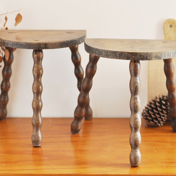 Small French Vintage Half-moon Shaped Wooden Milking Stool with Bobbin Legs - Ref SD3 & SD4