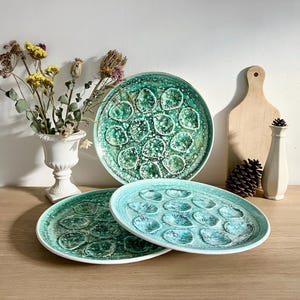 Niderviller Vintage French Large Green Oyster Platter, &quot;Mousse&quot; Pattern, Handmade Glazed Ceramic Seafood Serving Plate