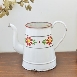 Vintage French Enamel Coffee Pot, Hand-painted Pitcher Vase, Mid-Century Enamelware, Shabby Chic Farmhouse Decoration