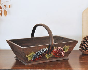 Petit panier vintage français en bois, tapis de jardin peint à la main motif raisins