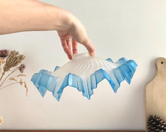 French Vintage Blue Swirl Glass Lampshade with Ruffled Edges