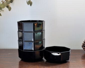 Tigela de vidro preto Arcoroc Octime: Tigela octogonal francesa vintage