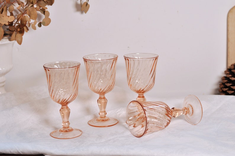 4 Large French Vintage Rosaline Pink Wine Glasses image 3