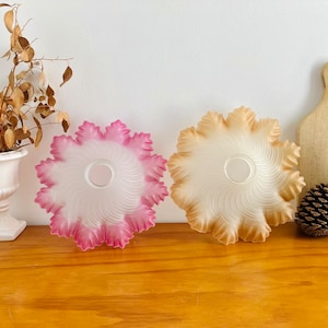 French Vintage Swirl Glass Lampshade with Ruffled Edges in Pink or Pastel Orange