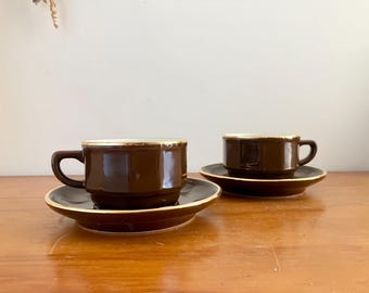 Set of 2 Vintage Apilco Flora Cappuccino Cups & Saucers - Brown Gold Rimmed Bistroware