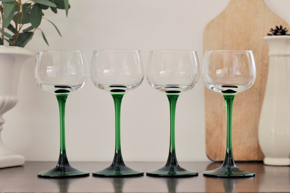 Set of 4 French Vintage Alsace Wine Glasses, Emerald Green Stemmed 
