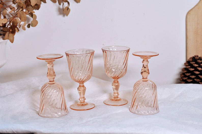 4 Large French Vintage Rosaline Pink Wine Glasses image 1