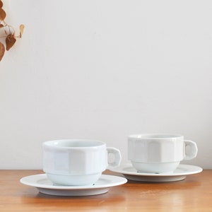 2 x Vintage French Large Coffee Cup & Saucer Set - Pillivuyt White Porcelain Bistroware - Cappuccino cup