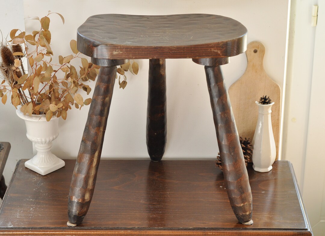 French Vintage Wooden Tripod Stool - Modern Farmhouse Decor (17 1/2 ...