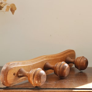 French Vintage Dark Brown Beechwood 3 Peg Coat Rack - Large Domed Pegs