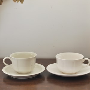 Set of 2 Mismatched Vintage French White Coffee Cups with Saucers