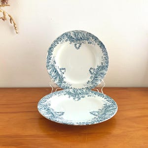 Set of 2 French Antique Blue Transferware - 8” / 20.5 cm Dessert Plates - St Amand &quot;Colombier&quot; Pattern - Terre de fer