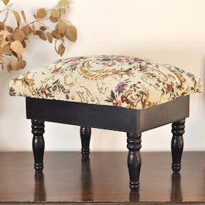 Vintage French Wooden Foot Stool with Fabric Seat and Storage