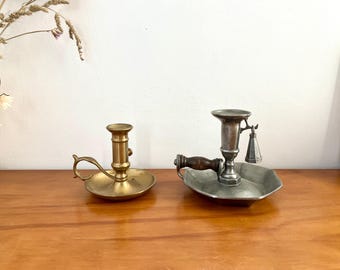 Vintage Brass or Pewter Candle Holder - Chamberstick