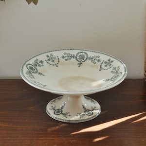 French Antique Compotier by GIEN, &quot;Malmaison&quot; pattern, Tea Stained Cake Stand, Dark Green Transferware, Terre de Fer