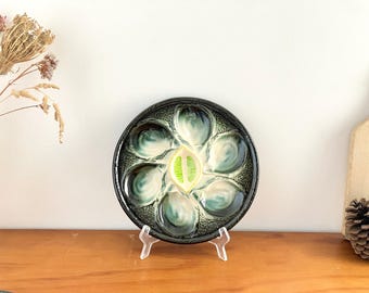 French Vintage Dark Green Oyster Plate, Saint-Clement Majolica Oyster Platter, Model 4589