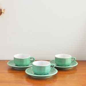 3 x Vintage Apilco Flora Espresso Cups with Saucers: Mint Green French Porcelain Bistroware