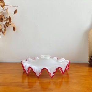 French Vintage White & Pink Opaline Glass Lampshade with Frilled Edges