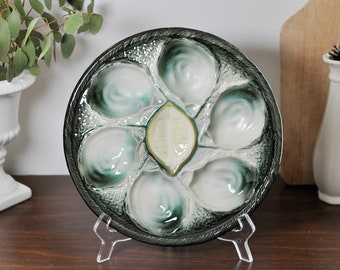 French Vintage Dark Green & White Oyster Plate, Majolica Oyster Platter Wall Decoration