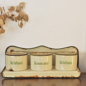 1930s French Vintage Chippy Enamel Storage Pots with Rack, Wall hanging enamel storage jars