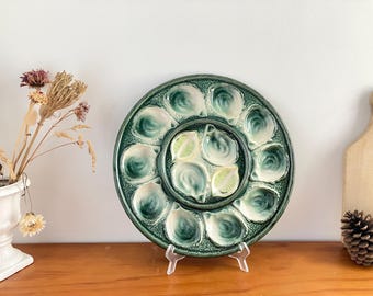 French Vintage Dark Green & White Oyster Plate, Majolica Oyster Platter Wall Decoration
