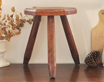 14” French Vintage Wooden Tripod Milking Stool - Hexagonal Shape Seat