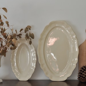French Vintage Sarreguemines Ivory Ironstone Serving Plate with flower rim