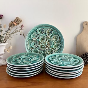 Niderviller Vintage French Green Oyster Plates, &quot;Mousse&quot; Pattern, Handmade Glazed Ceramic Seafood Plate