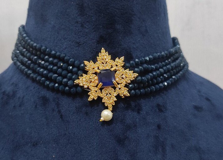 Indian Jewelry Beautiful Designer Blue Beads Kundan Necklace Set