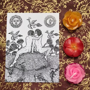 May include: Black and white line drawing of two figures embracing on a rock, surrounded by stylized trees and birds. The sun and moon are depicted in the upper corners of the image.