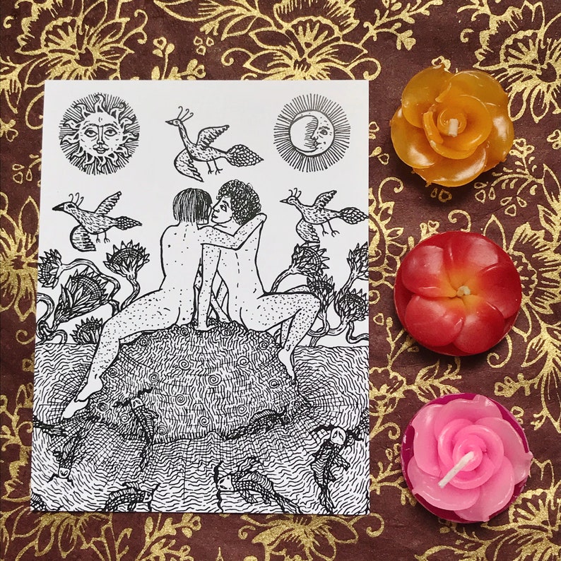 May include: Black and white line drawing of two figures embracing on a rock, surrounded by stylized trees and birds. The sun and moon are depicted in the upper corners of the image.