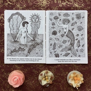 K&ouml;nnte beinhalten: Eine Schwarzwei&szlig;illustration einer Meerjungfrau, die auf eine Frau zukriecht, die im Meer steht. Der Text lautet "In meinem Traum erscheinst du vor mir auf meiner Insel, stehst im Meer und schaust mich an" und "Ich krieche wie eine Meerjungfrau vom Land ins Meer auf dich zu."