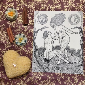 May include: Black and white line art illustration of two nude figures with long hair, standing on a rocky surface with a snake wrapped around them. The figures are looking at each other. The sun and moon are depicted in the upper corners of the image.