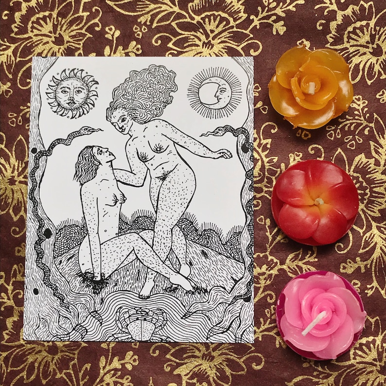 May include: Black and white line art illustration of two women standing on a rocky surface. The women are nude and have long hair. The background features a snake, a sun, and a moon.