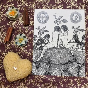May include: A black and white illustration of two figures embracing on a rock, surrounded by stylized birds and celestial symbols. The sun and moon are depicted in the top corners.