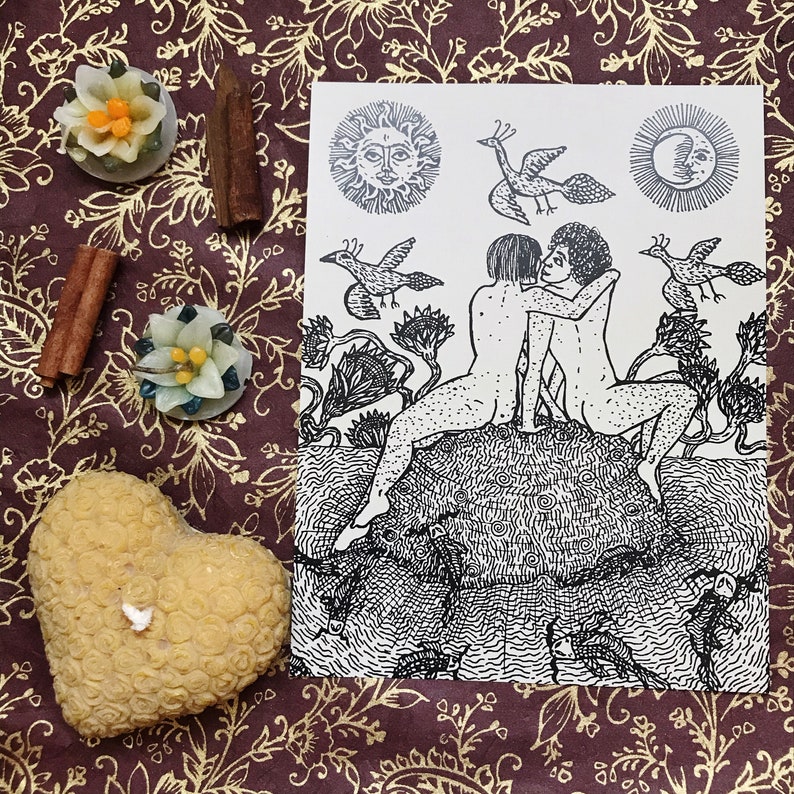 May include: A black and white illustration of two figures embracing on a rock, surrounded by stylized birds and celestial symbols. The sun and moon are depicted in the top corners.
