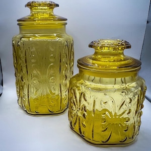 Vintage Atterbury Scroll Amber or Topaz Glass Canisters Set of 2