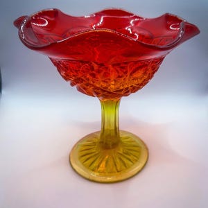 Vintage GLOW Amberina Geometric Glass Compote