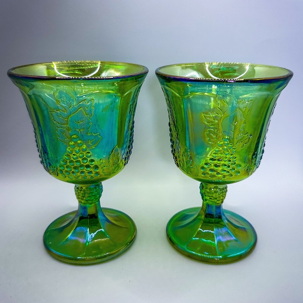 Vintage Harvest Grape Green Carnival Glass Water Goblets - Set of 2