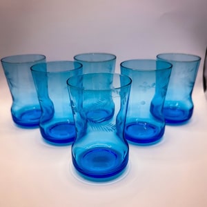 Vintage Blue Floral Etched Juice Glasses Set of Six