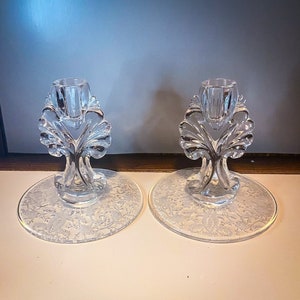 Vintage New Martinsville Viking Candle Holder  Etched Clear Glass Taper Set Floral Pattern