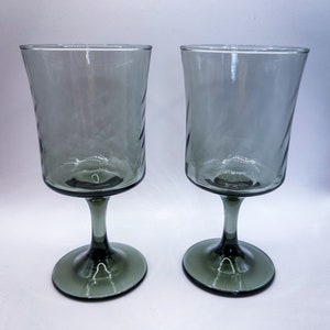 Vintage Libbey Smoke Gray Optic Swirl Water or Wine Stemmed Glasses - Set of 2