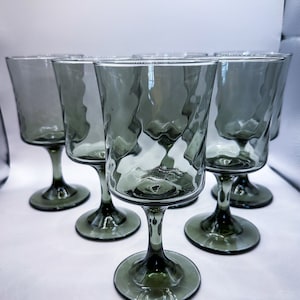 Vintage Libbey Smoke Gray Optic Swirl Water or Wine Stemmed Glasses - Set of 6
