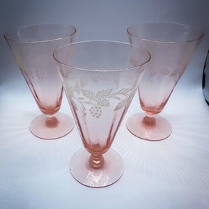 Vintage Depression Pink Etched Tumbler Wine Glasses Set of 3
